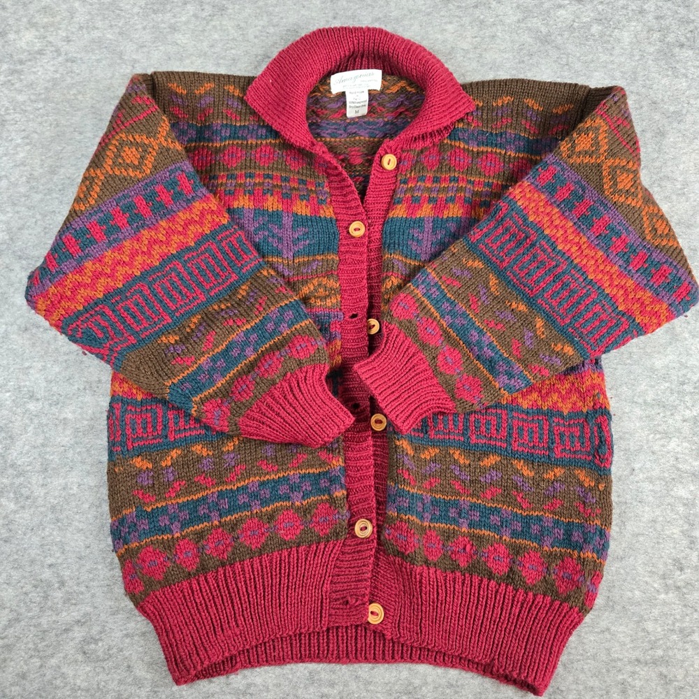 Vintage Amazonias Hand Knitted 100% Wool Cardigan Sweater M Peru Boho Cabincore